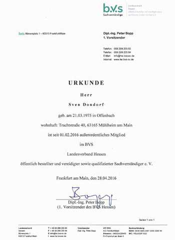 Mitgliedsbescheinigung b.V.S.