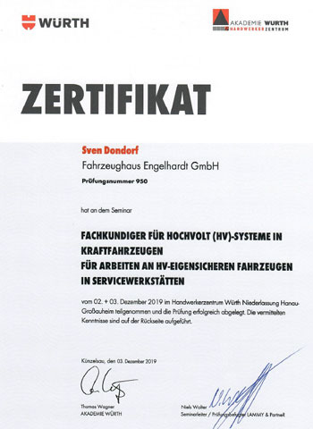 Zertifikat Sachkundiger für Hochvolt-Systeme