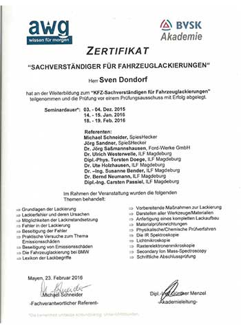 BVSK Akademie Zertifikat Sachverständiger für Fahrzeuglackierungen