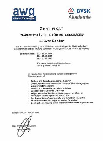 BVSK Akademie Zertifikat Sachverständiger für Motorschäden